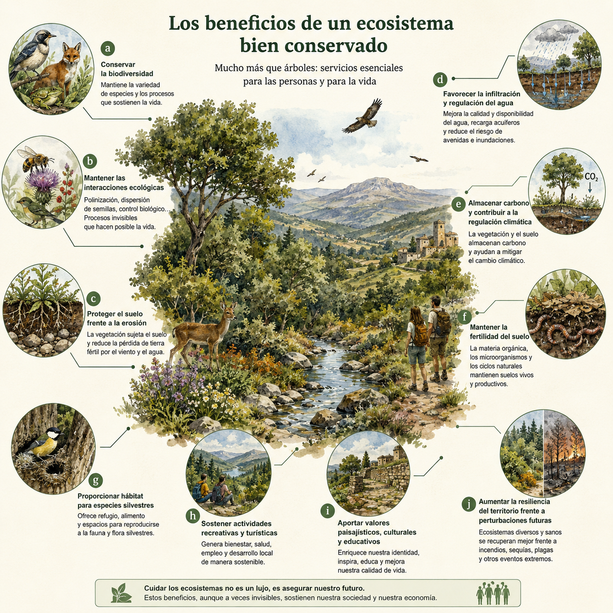 Ilustración conceptual generada mediante inteligencia artificial a partir de una descripción y supervisión detalladas del autor. La imagen no pretende representar un lugar concreto, sino sintetizar visualmente algunos de los principales beneficios ecológicos y sociales asociados a los ecosistemas bien conservados.